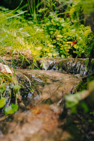 A flowing stream of clear water is running through a lush green forest area