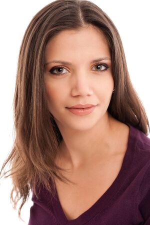 portrait of a beautiful young woman smiling, isolated on a white backgroundの写真素材