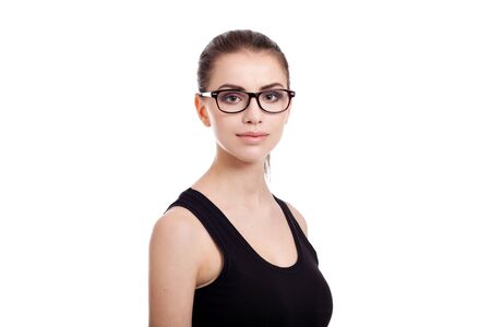 portrait of beautiful teen girl with wayfarers, isolated on white backgroundの写真素材
