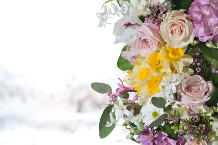 Beautiful colored flower arrangement with light backgroundの写真素材