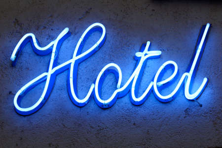 blue neon hotel sign, corsica, franceの写真素材