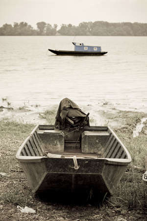 traditonal fishing boats on the river Danubeの写真素材