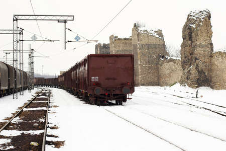 trains in freight yard winter Serbiaの写真素材
