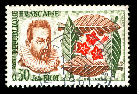 vintage french stamp depicting Jean Nicot who introduced Tobacco to France,.and gave his name to Nicotine the active Ingredient in tobacco and snuffの写真素材