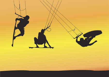 Selection of kite boarding Ariel jump silhouettes, individually grouped and fully editable illustrations with sunset background.の写真素材