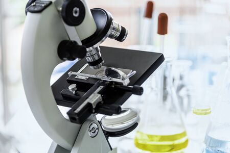 Researched microscope slides under the monocular microscope. Close Up of the test sample under the monocular microscope in the laboratory. Experiment equipment on the table.の写真素材