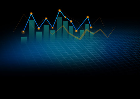 wave on black market graph on black. financial bar chart with uptrend line graph and stock market on blue color background. blank text space for backgrounds, banners, online media,の写真素材