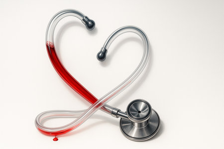 A stethoscope with transparent tubing shaped into the letter "H", half-filled with blood and a droplet falling, set against a translucent background in a surreal, high-detail style.の写真素材
