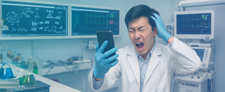 Stressed male doctor in a white coat and blue gloves is holding a smartphone.の写真素材