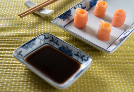 tasting sushiの写真素材