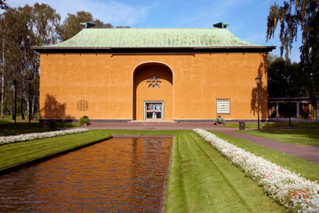 Karlstad, Sweden - September 11, 2012: V?lands Museum with the older temple-like building from 1928 designed by architect Cyril Johansson with a pond and parts of the park in the foreground.  のeditorial素材