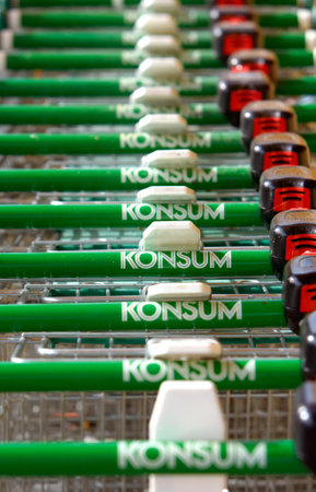Trosa, Sweden - September 15, 2012: Shopping carts lined up in a row ready for customers, at the Konsum store in Trosa.のeditorial素材