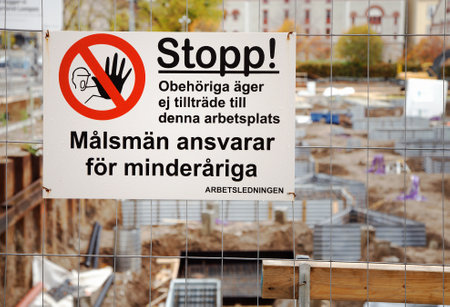 Sodertalje, Sweden - October 13, 2012: Sign at the construction site at Storgatan 32, with text in...