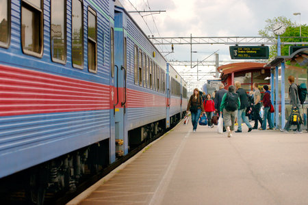 Passenger train at the station in Arboga, Sweden, have exchanged passengers.  