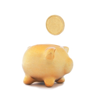 A golden piggy bank with one golden coin on white background の写真素材