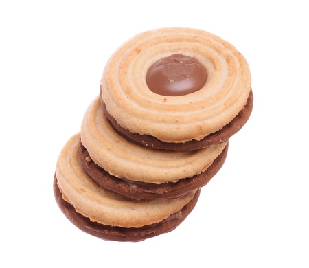 Three sandwich biscuits stacked like stairs, isolated on white background   の写真素材