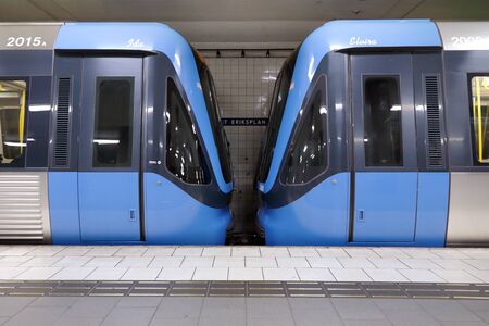 A subway train at subway station Sankt Eriksplan Stockholm Sweden.