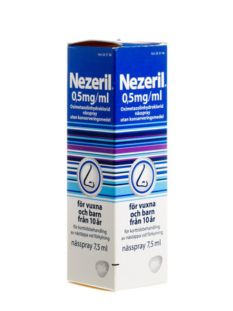 Stockholm, Sweden - January 5, 2014  A package containing a vial with 7 5 ml nasal spray Nezeril 0 5 mg   ml of active ingredient oxymetazoline, for the Swedish market  Nezeril produced by GlaxoSmithKline Consumer Healthcare のeditorial素材