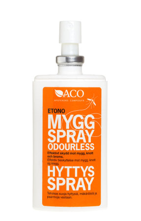 Stockholm, Sweden - January 13, 2014  A spray bottle of insect repellent against mosquitoes and black flies for the Swedish market produced by the ACO, isolated on white background のeditorial素材