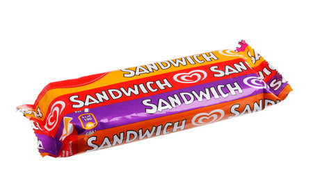 Stockholm, Sweden - February 16, 2014  An unopend ice cream sandwich produced by GB Glace, a brand for the Swedish market owned by Unilever  Isolated on white のeditorial素材