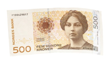 One Norwegian 500 korner banknote isolated on white.の写真素材