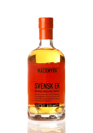 Stockholm, Sweden - July 7, 20151: One bottle containig 70 cl of Maclkmyra Svensk Ek from the Swedish single malt whisky distillery Mackmyra Whisky isolated on white.のeditorial素材