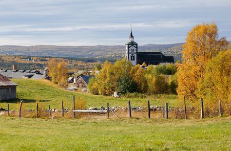 The church building in the Norwegian town Roros during the autumn season.の写真素材