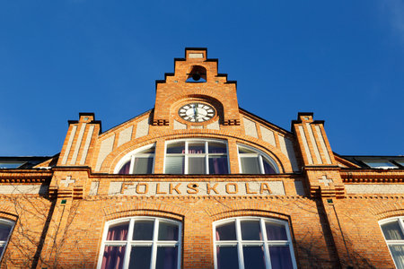Detail of a school building of brick for the Swedish compulsory school in the previous school system was an elementary school folkskola.のeditorial素材