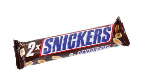 Stockholm, Sweden - December 16, 2015: One double Snickers chocolate candy sold on the Swedish market isolated on white.のeditorial素材