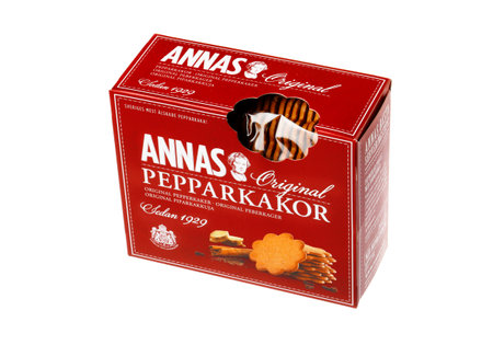 Stockholm, Sweden - December 12, 2015: A pack with 300 grams of Annas original ginger thins for the Swedish market isolated on white background.のeditorial素材