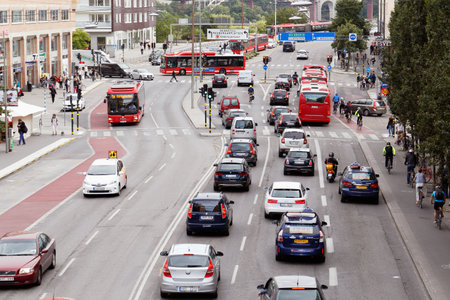 Stockholm, Sweden - August 31, 2015: Traffic on the street Langholmsgatan at Hornstull.のeditorial素材