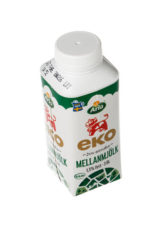 Stockholm, Sweden - February 5, 2016: One 3 dl package of Arla Mellanmjolk milk Eko for the Swedish market isolated on white.のeditorial素材
