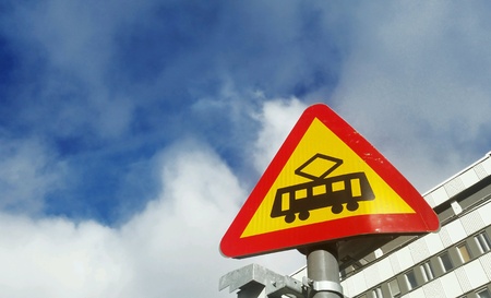 Swedish road sign beware of tramsの素材