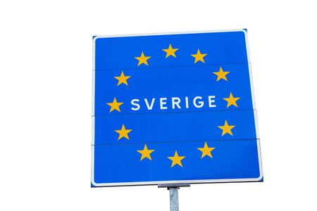Swedish EU border road sign isolated on white with the member state name written in Swedish.の写真素材