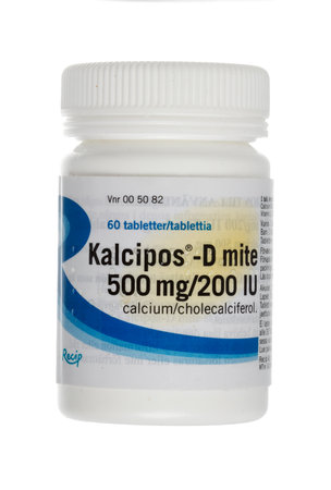Stockholm, Sweden - February 14, 2016: A pack of 60 pieces of tablets Kalcipos-D which is a medicine that contains calcium and vitamin D marketed by Recip AB in Sweden. Isolated on white background.のeditorial素材