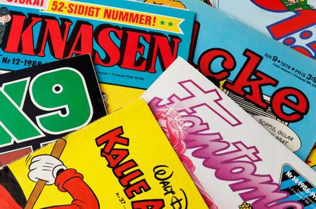 Stockholm, Sweden - August 21, 2016: Collage of Swedish comic books front pages from the 1970s and 1980s, including Archie, the Phantom, 91 Karlsson, Donald Duck, Beetle Bailey and Agent X9.のeditorial素材