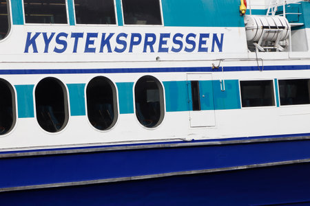 Trondheim, Norway - September 30, 2016: Close-up of a public tyransport small passenger ship in costal service for Kystekspressen in Trondheim.のeditorial素材