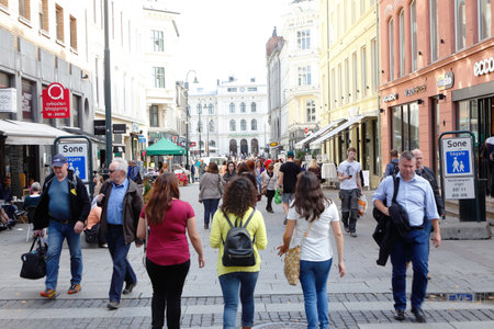 Oslo, Norway - September 16, 2016: People walking the Oslo main street Karl Johans gate.のeditorial素材