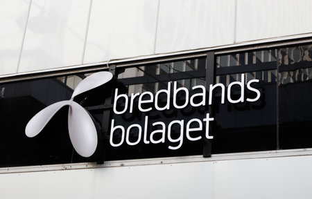 Stockholm, Sweden - July 10, 2016: Closeup of the Internet provider Brebandsbolaget sign at thier shop in downtown Stockholm.のeditorial素材