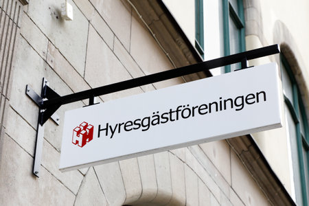 Sundsvall, Sweden - May 30, 2016: Close-up of the Swedish Union of Tenants (Hyresgastforeningen) sign at the office on street Storgatan.のeditorial素材