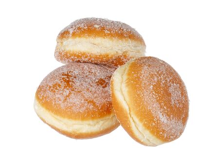 Three vanilla donuts close together isolated on white.の写真素材