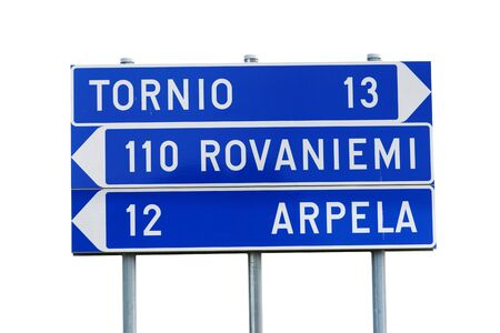 Finnish signpost with distances to the towns Tornio, Rovaniemi och Arpela.の写真素材