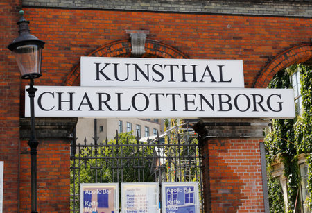 Copenhagen, Denmark - August 24, 2017: Sign at the entrance to the art exhibition Kunsthal Charlottenborg at Nyhavn.のeditorial素材