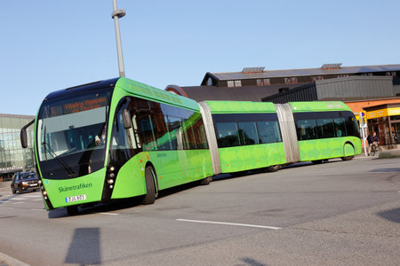 Malmo, Sweden - August 23, 2017: A double articulated bus brand and type  Van Hool 324H Exequicity 24 Hybrid in service for Skanetrafiken public transportation on line 5 in Malmo operated by Nobina.のeditorial素材