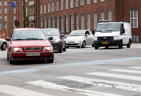 Copenhagen, Denmark - August 24, 2017: Traffic at a crosswalk in Copenhagen city center.のeditorial素材