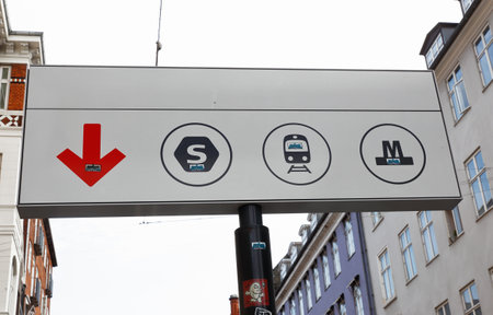 Copenhagen, Denmark - August 24, 2017: Sign at the entrance to the Metro an S-train station at Norreport.のeditorial素材