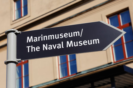 Karlskrona, Sweden - August 23, 2017: Signpost with direction to the naval museum.のeditorial素材