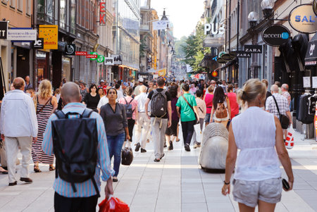 Stockholm, Sweden - August 4, 2014: People walking on the street Drottninggatan in downtown Stockholm.のeditorial素材