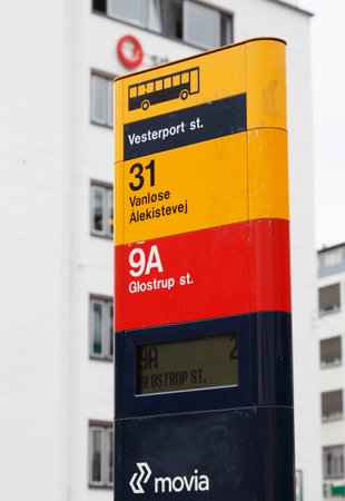 Copenhagen, Denmark - August 24, 2017: Bus stop sign at the stop Vesterport raillroad station for busses served by line 31 and 9A in service for Movia.のeditorial素材