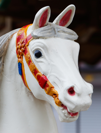 White painted carousel horse in an amusement park.の写真素材